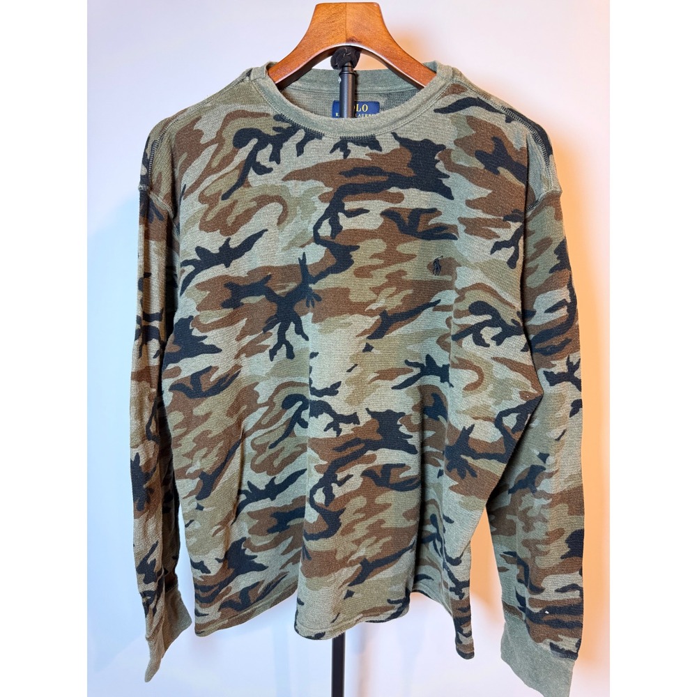 Polo Ralph Lauren Mens 2XL Camo Waffle Knit Thermal Long Sleeve Shirt Cotton
